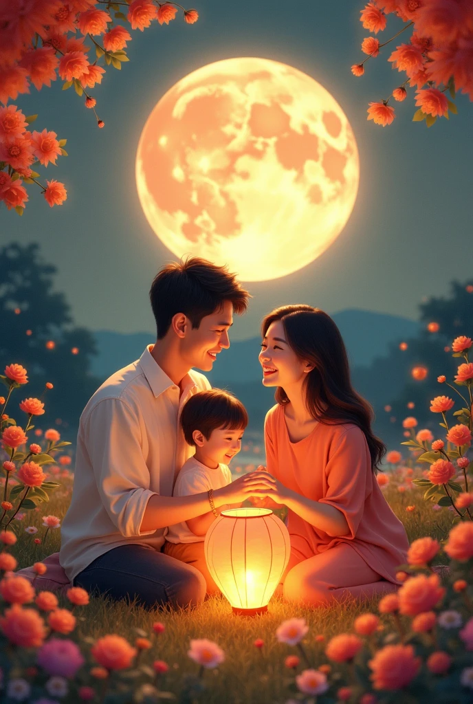 mid-autumn festival,Dad and mom, a cute kid and a family sitting in the garden holding a lantern(There are many beautiful flowers in the foreground)Enjoy the huge and beautiful moon together. The warm, peaceful and happy atmosphere. The movie lights. Warm tones. Masterpiece. The happy scene is very beautiful., perfect composition, intricate details, Super detailed ( perfect anatomy ) Beautifully, 清新優雅的審美風格噴槍數位油畫精緻的藝術作品
營造出mid-autumn festival歡樂場景 (unique style)Very detailed, Real raw photos, best movie quality, Extremely fine texture, High quality work from a master artist