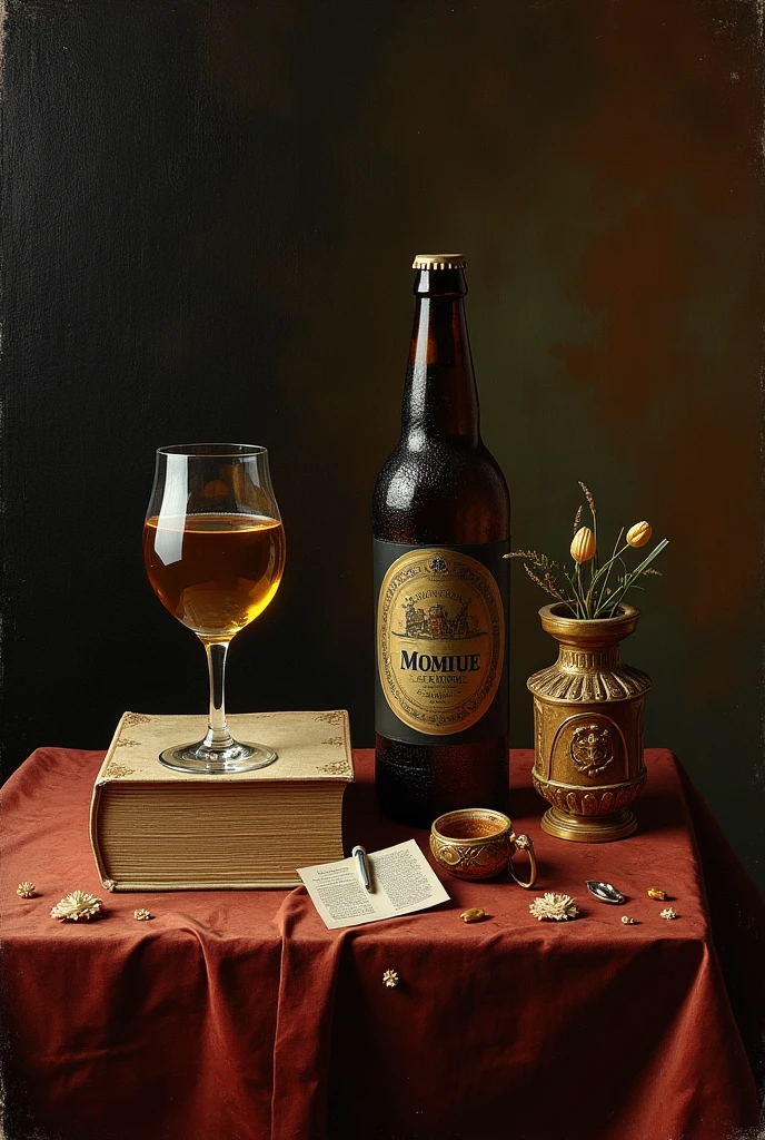 create a pic in a stil of stillife and baroque with 3 esay objects one of them beer that ist not shine on a table