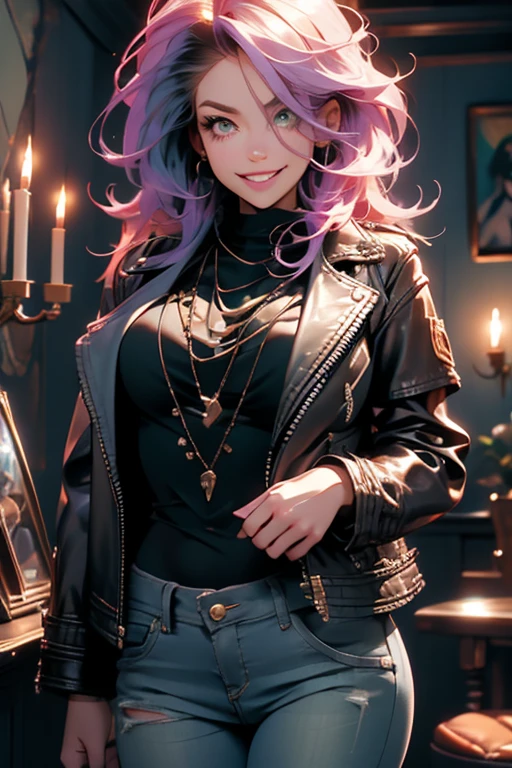 Perfect face. Perfect hands. A light purple haired woman with green eyes and an hourglass figure in a leather jacket and jeans is smiling while exploring a haunted house.