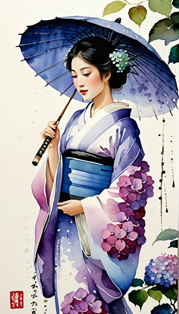masterpiece,A Japanese ink and water painting of a Japanese woman in a beautiful kimono,The rainy season is,Beautiful Hydrangea Base,(Beautiful gradation created by layering),(Tarashikomi technique),