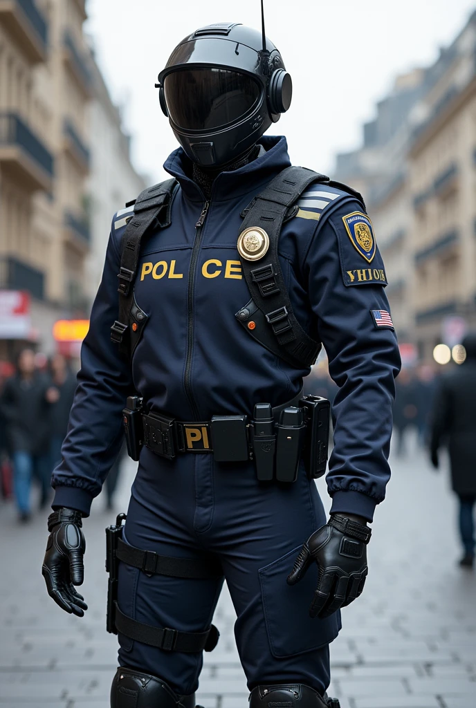 Head: Guardian AI features a helmet with integrated communication systems and a visor that displays real-time data and facial recognition information. The face has a friendly yet authoritative expression, equipped with high-resolution cameras that simulate human-like eyes for monitoring and interaction.
Uniform: The AI is clad in a full police uniform, including a dark blue, durable, and weather-resistant jacket with reflective stripes for high visibility. The uniform includes a badge and identification number, meticulously designed to resemble standard police attire.
Body: The torso is robust, designed for both durability and flexibility. It features built-in sensors and communication devices for real-time data processing and interaction with law enforcement networks.
Arms: Guardian AI's arms are equipped with multi-jointed flexibility and are fitted with gloves that can handle various tasks, from directing traffic to using specialized tools. The arms can perform a range of movements from precise gestures to robust actions.
Legs: The legs are designed for stability and agility, featuring reinforced materials and advanced locomotion systems. The feet have adaptive soles for traction on various surfaces, enabling effective mobility and balance.
Overall: Guardian AI's design emphasizes a professional appearance with a high level of detail to mimic traditional police gear. It includes practical elements such as utility belts with mock equipment and pockets for functionality, while ensuring a sleek, modern look.
