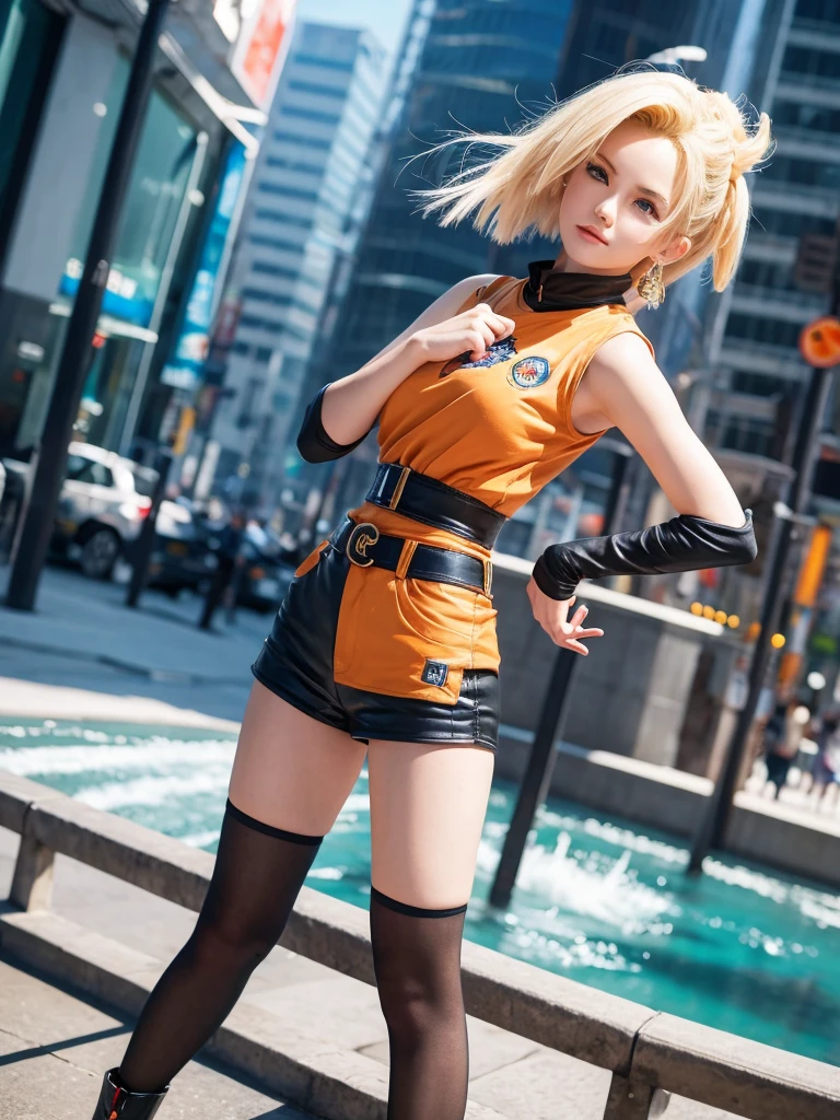 ((masterpiece)), ((Highest quality)), High resolution, 1 girl, alone, Pink Good、Yellow panties、barefoot, Matching shoes, Looking at the audience, Urban Background, Perfect hands, Perfect Eyes, Yellow leotard, Perfect Legs, Perfect Arms, Perfect Fingers, Mid-chest, Are standing, Yellow Hair, short hair, Bob Hair, blue eyes, Are standing, (whole body),Yellow bodysuit、Beautiful Face、Beautiful woman