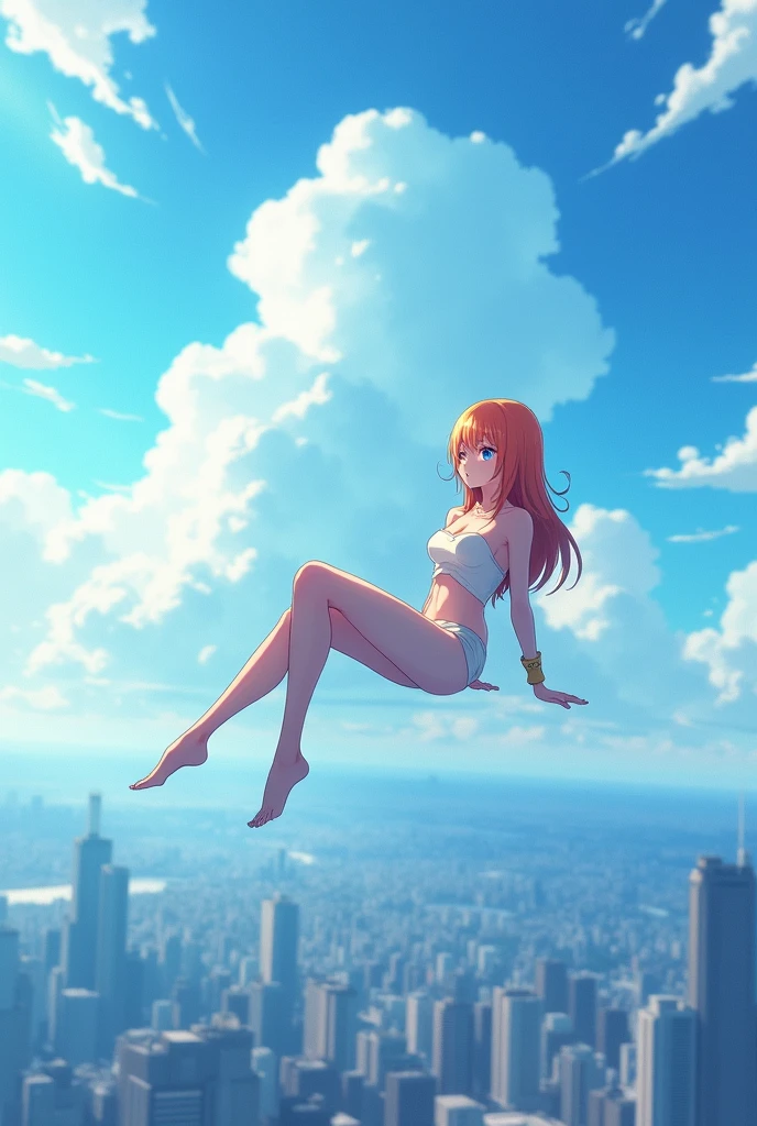 bikinlag ichigo who is above the city is floating in a lying position very far from the city with beautiful scenery such as blue sky, bright, beautiful light