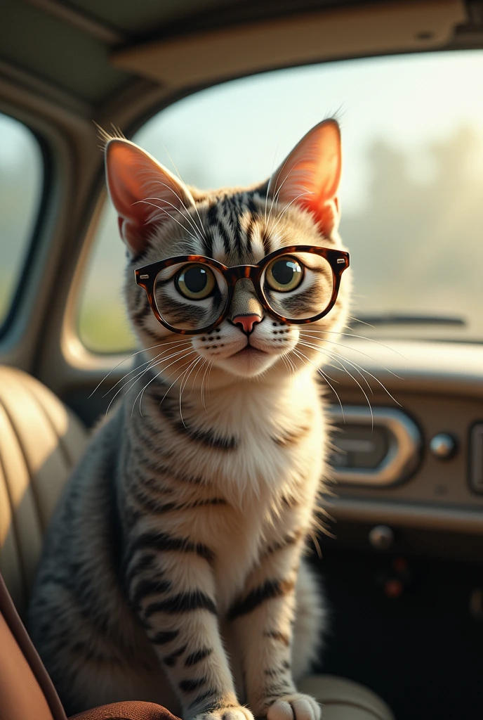 Cat
in car with glasses