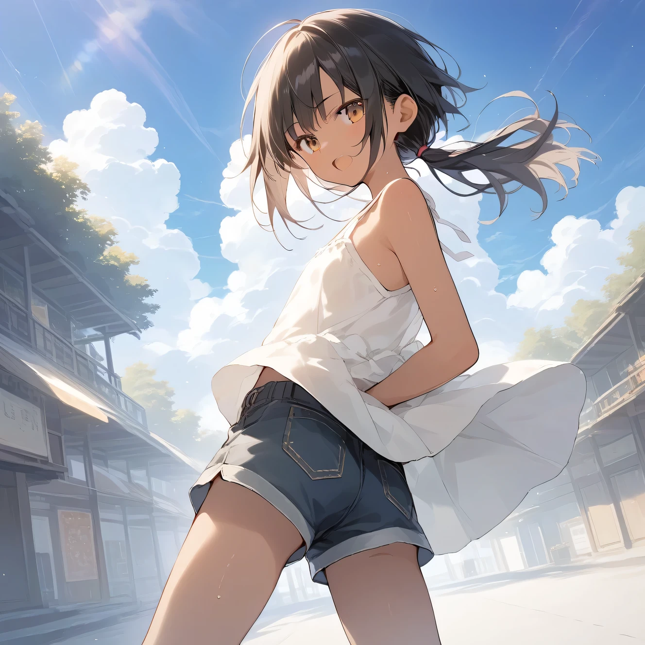 score_9, score_8_up, score_7_up, source_anime, best quality, masterpiece, official art, absurdres, highres, ultra-detailed,waifu2x,Collection: Slice of Life,break,1girl, tomboy, dark-skinned female, short hair, low ponytail, flat chest, beautiful detailed eyes, shorts, sweat, open mouth, (yawn:0.3), sleepily, outdoors, wind, (Detailed Lighting), (Detailed background),break,(clear line illustration:1.2), super detailed skin,very high resolution, very aesthetic, Best sexual lighting powered by famous artist, 8k, 16k, cute picture,beauty illustration,photoshop_(medium),,(Detailed Lighting),best anime 8k konachan wallpaper, pixiv contest winner,