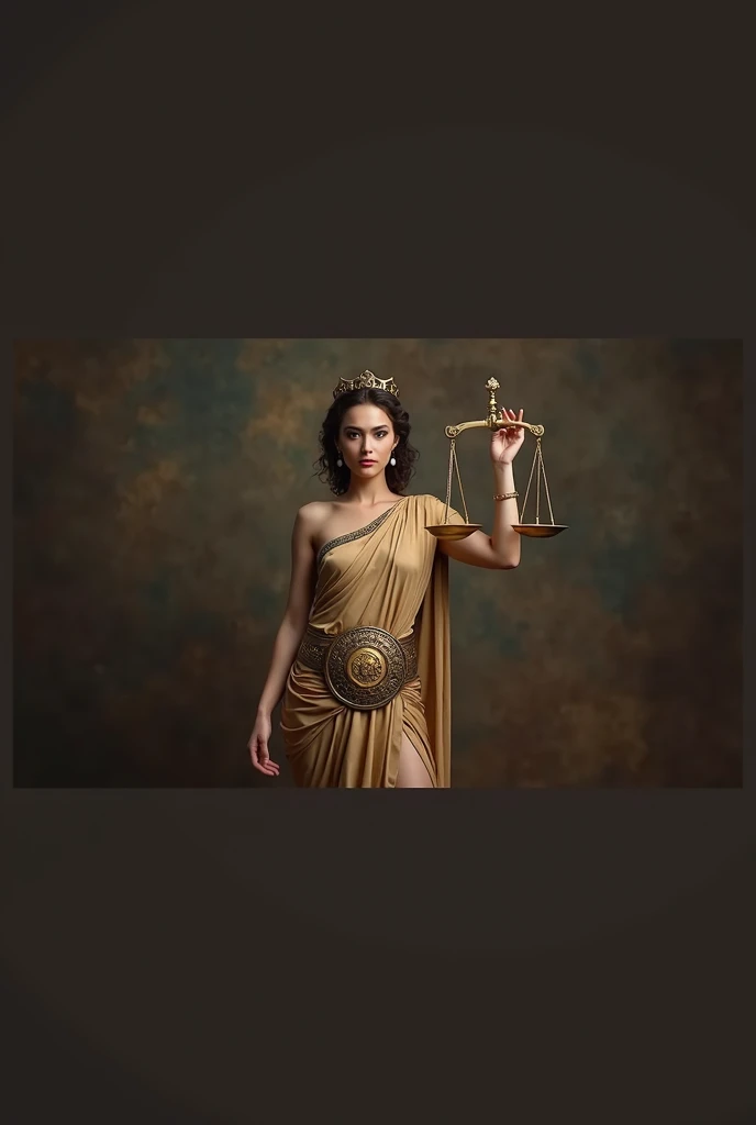 (((ultra realistic))) Photo, masterpiece, top quality, (Pale skin), (Ultra detailed face and eyes.:1.3), A hyperrealistic image of a woman representing the zodiac sign of Libra, Captured in a classic and elegant style. The woman has a strong and balanced posture, similar to a goddess of justice, with arms outstretched holding an antique golden scale, intricately designed, that reflects light gently. His expression is serene and determined, with a touch of authority and grace. His body is slightly tilted to one side, with one leg forward, creating a perfect balance in the composition of the image. He wears a golden robe draped around his body., that falls gently in elegant folds, similar to classical Greek style. The tunic is adorned with embossed details of geometric patterns., emphasizing the symbolism of justice and balance. The fabric shimmers subtly under the lighting, highlighting the rich texture and details of the design. The woman is wearing a golden tiara that fits perfectly over her hair., which is gathered in a low bun with some loose strands, giving it a majestic air. A wide belt with a central medallion, decorated with Libra symbols, girds his waist, adding a touch of power and symbolism to his figure. The gold and bronze tones in her clothing and accessories contrast with the dark, textured background., evoking an ancient and timeless atmosphere. The background of the image is dark, with brown and gold tones that mimic an aged canvas texture, creating a classic and solemn atmosphere. The lighting is warm and directed, highlighting the muscular lines of his arms and the contour of his face, while maintaining a soft shadow that adds depth to the scene. The scales he holds in his hands are detailed and ornate., symbolizing balance and justice, central elements of the Libra sign.