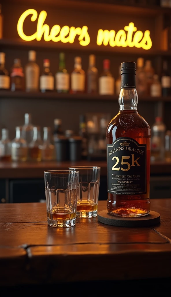 A dimly lit bar scene: a worn wooden counter stretches across the room, polished to a warm sheen by countless conversations and clinking glasses. The open bottle of American whiskey sits proudly on a coaster, its black label bearing the bold text "25K", Two glasses, chilled with ice, flank the bottle, awaiting their turn to hold a golden pour. The air is thick with the promise of good times and late nights.at the top of the picture is 3D golden text that says " Cheers mates Thank you!"