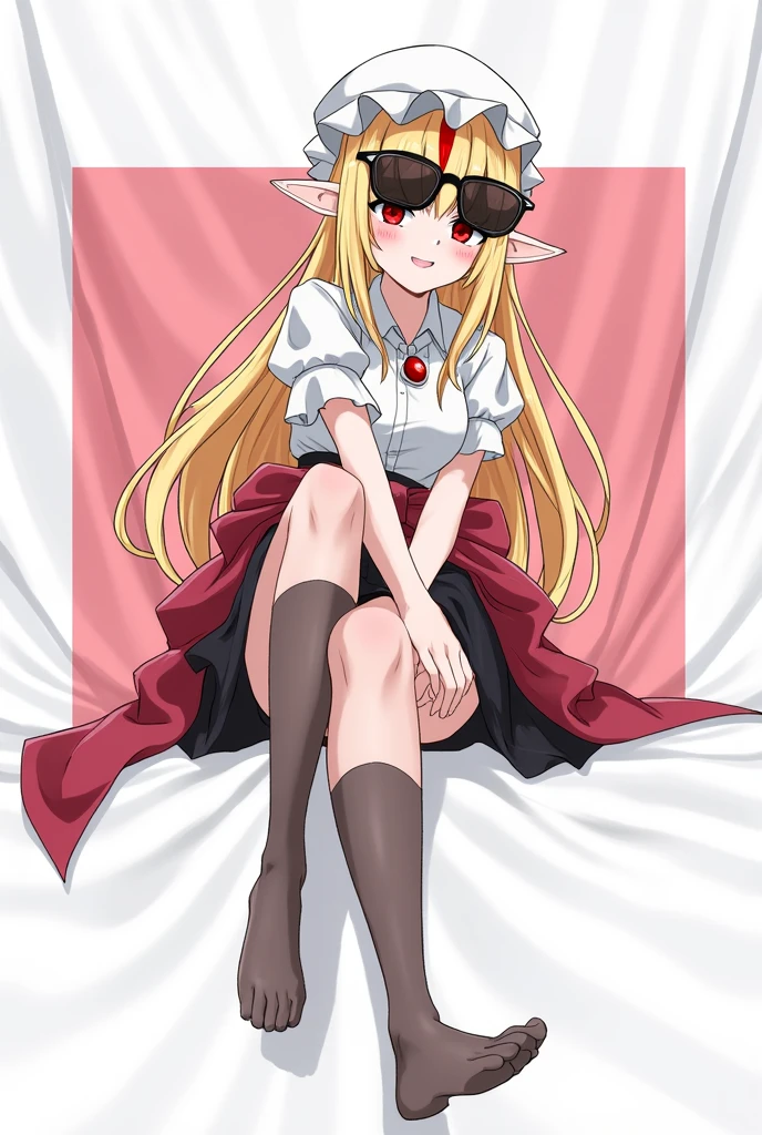 best quality, masterpiece, high resolution, alone, {flandre_scarlet_touhou:1.15}, long blonde hair with red streaks at the tips, big red eyes, small elf ear and a ruby ​​colored earring in her left ear, bangs with a red streak in the middle, sunglasses on her head, one side up, flirtatious smile, blush, smile, white headdress, a light white short-sleeved blouse on the upper part of the body, hair between the eyes, a red coat overlaid between her wrists, bottom a very sexy black skirt, thick thighs, pronounced hips, the girl is slim, blushing cheeks, long straight hair, white skinned girl, 1 girl, looking at the viewer smiling flirtatiously, sexy black skirt, light blouse, short sleeves, simple background, the girl is sitting crossing her left leg flirtatiously, she has black nylon stockings that are a little transparent that reach her knee, white background, white shirt, ruffles, long hair, cleavageless shirt, super tiny tits girl, un globo de texto con un corazón rojo. the girl has not hay.