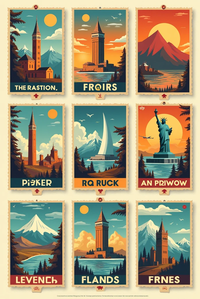 Miniature versions of retro travel posters featuring fictional or real destinations
