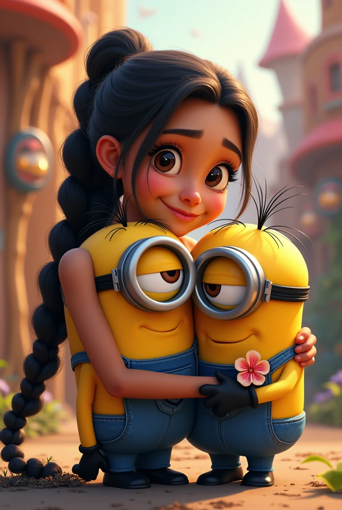 with long braids , black and with cute eyes hugging the minions
