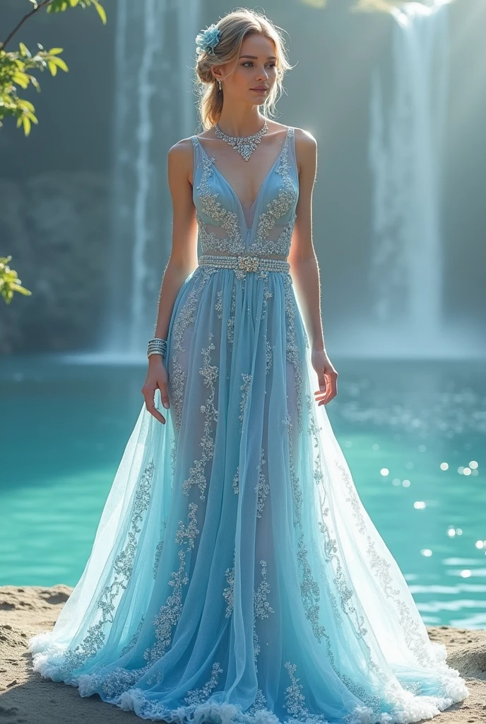 • Long flowing dress: Eloise often wears long dresses with flowing cuts that allude to her connection to water, such as a blue dress that features a wave or water drop pattern embellished with tiny crystals. • Matching top and skirt set: A sleek, fitted top is often paired with a long, flowing skirt that creates an image that is both elegant and charming. • Accessories: She likes to wear accessories that match her outfit, such as a thin silver necklace, teardrop earrings, or bracelets embellished with blue gemstones.