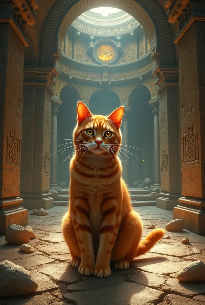 There is an orange cat in an ancient temple, where there is a mysterious prophecy.
– An orange cat protects an ancient temple, where there is a magical artifact