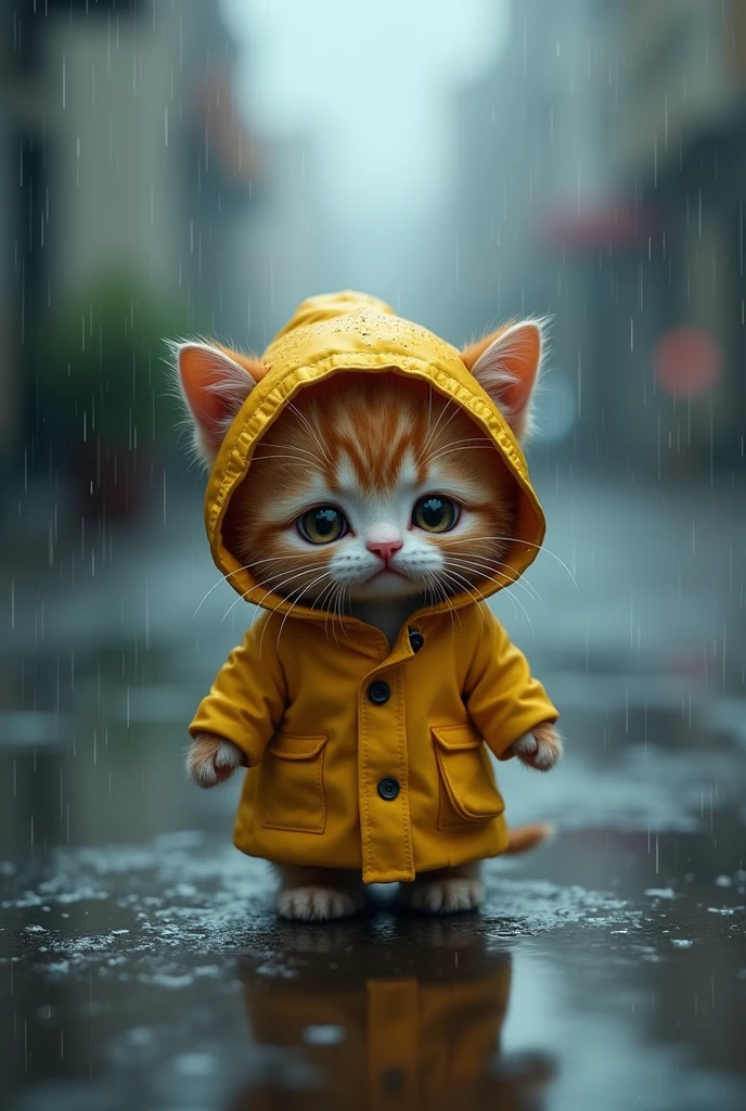 Sad kitten in raincoat in the rain