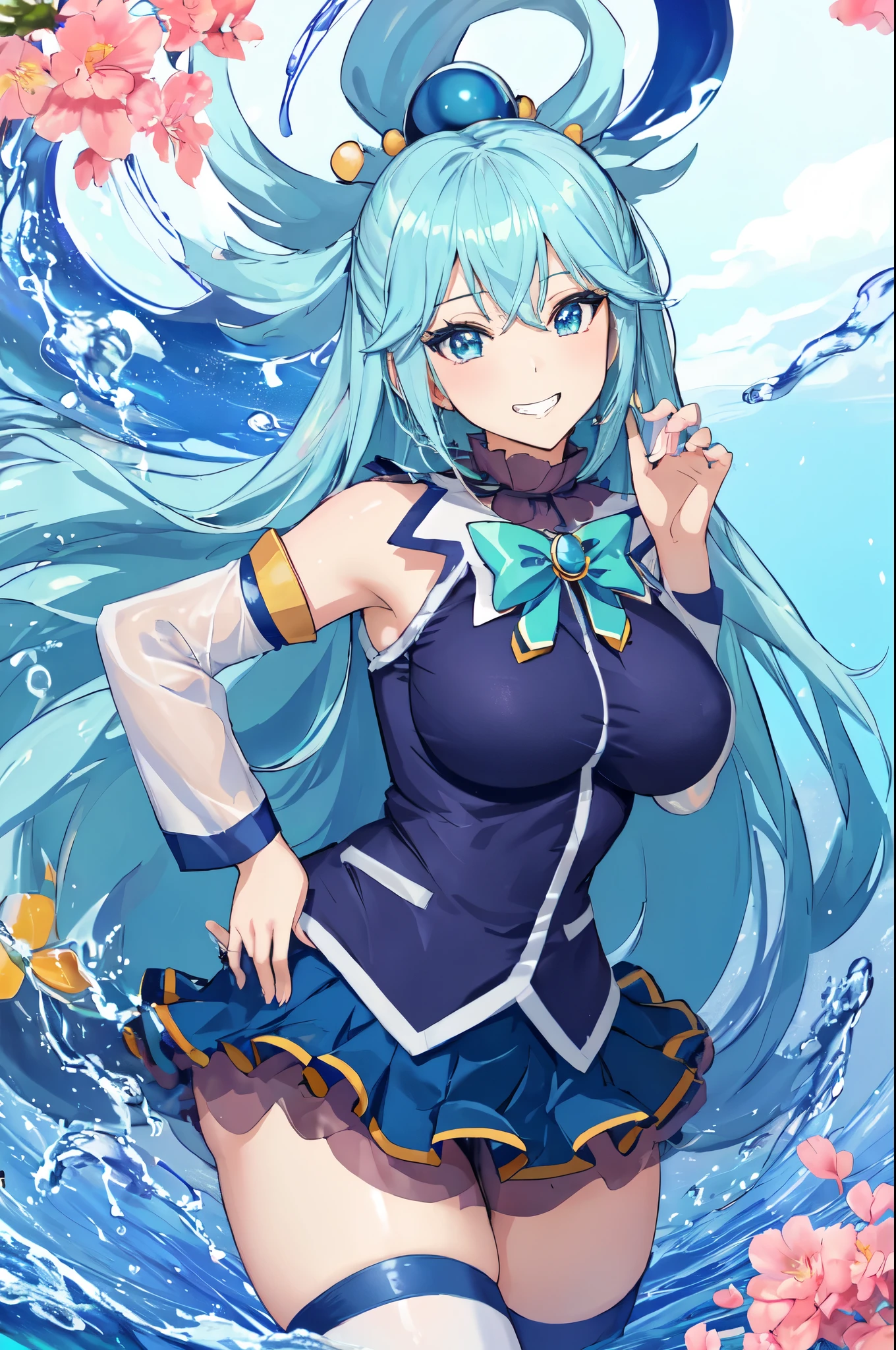 (masterpiece, best quality:1.2), solo, 1girl, ksaqua, grin, looking at viewer, hands on hips, hair rings, blue shirt, bow, detached sleeves, skirt, thighhighs, bare shoulders, normal breasts, see through，Beautiful and fair、Radiant Skin, 3 Up, Gorgeous, bright, Refreshing and gentle expression, Perfect beautiful face、Beautiful shiny bangs, A very beautiful *********** girl, Eyeliner, Very perfect eyes，Very large breasts，Grooves reveal original skin，Muscular body，White lace underwear，Hatsune Miku，Magical girl