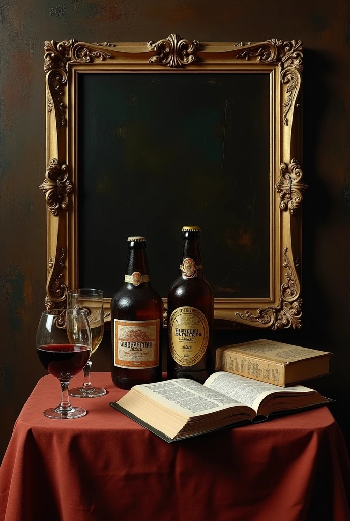 create a pic in a stil of stillife and baroque with 3 esay objects one of them beer that ist not shine on a table