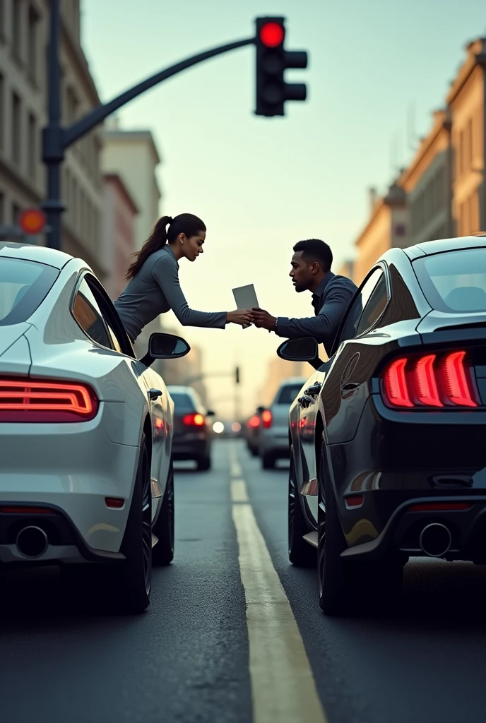 A black car next to a white car stopped at a traffic light. The white car has a woman handing a paper to the man in the black car, they are both inside the car.