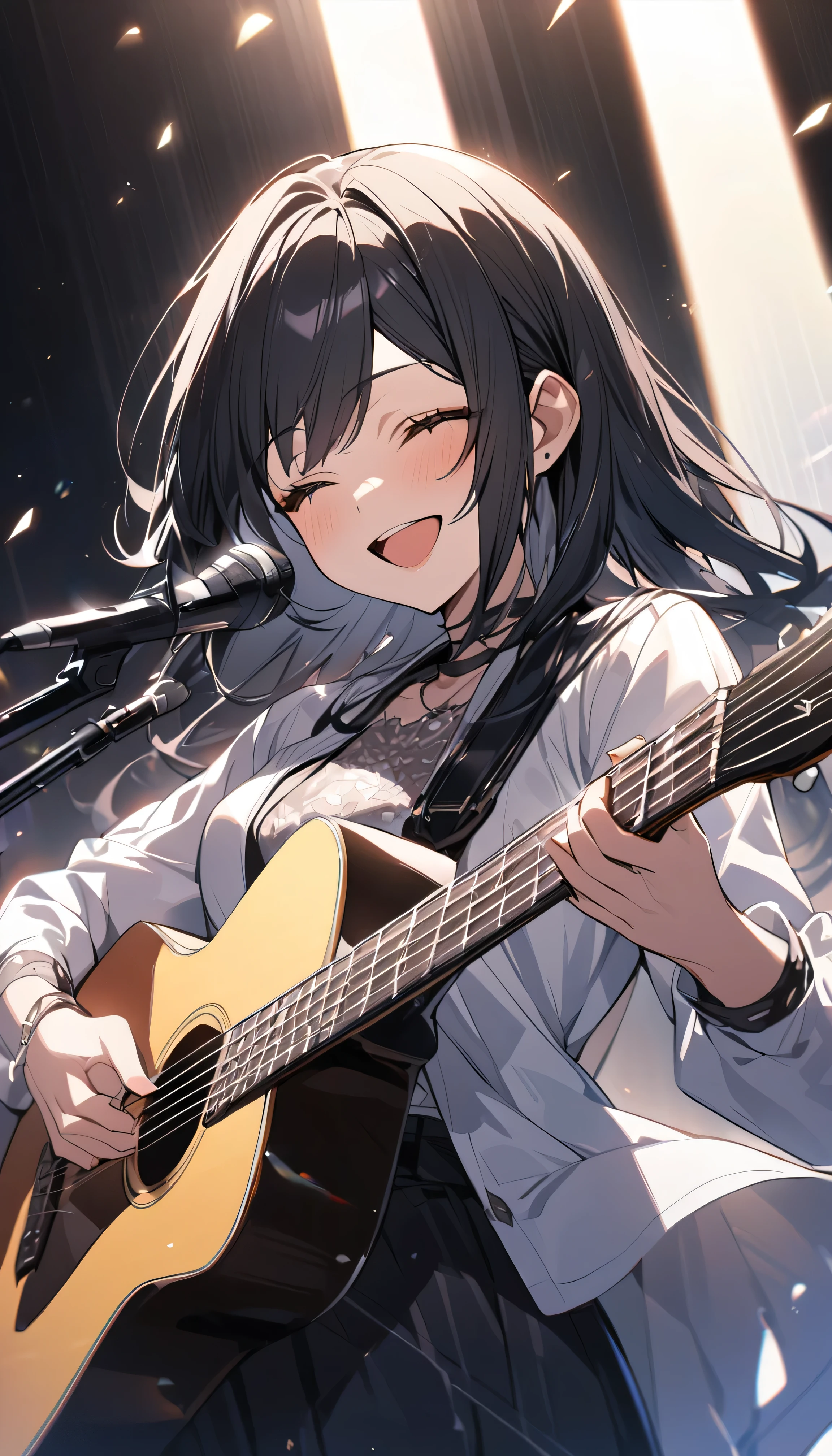 Highest quality,One Woman,Playing guitar,Light section,Detailed guitar,Black hair in a half-up style,Singing with a smile
