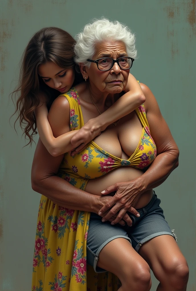 Create an image of a 90 year old lady, dark-skinned, that is fat, is wearing a floral dress and glasses. She is carrying on her right shoulder a young adult woman of 35 years of age., De pele clara, who has long brown hair, wearing denim shorts and with her breasts exposed and is being carried face down on the lady&#39;s shoulder, who is grabbing her by the buttocks 