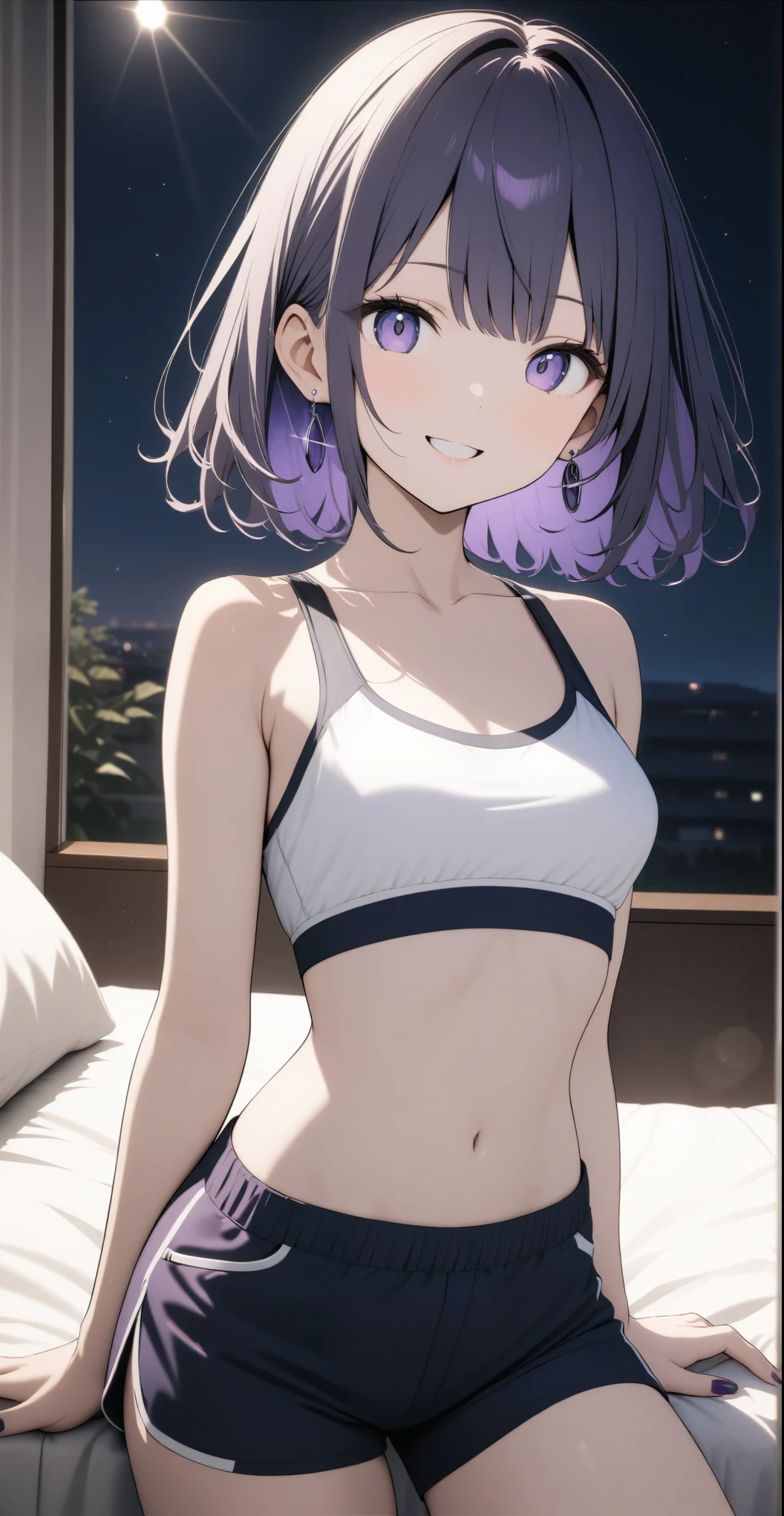  ((Simple Earrings、Manicure))、((Sports Bra、Low-rise Shorts))、(Indigo hair color、Very dark purple inner color hairstyle), Beautiful Hair, Facial Contour, Remember, Hotel、night、moonlight, Lens flare,, Natural Color, High resolution, Very delicate, Very detailed, 8k,、(Shyness)、(smile)、((Sexual))、(Sexualな画角)、bed、Overall angle of view
