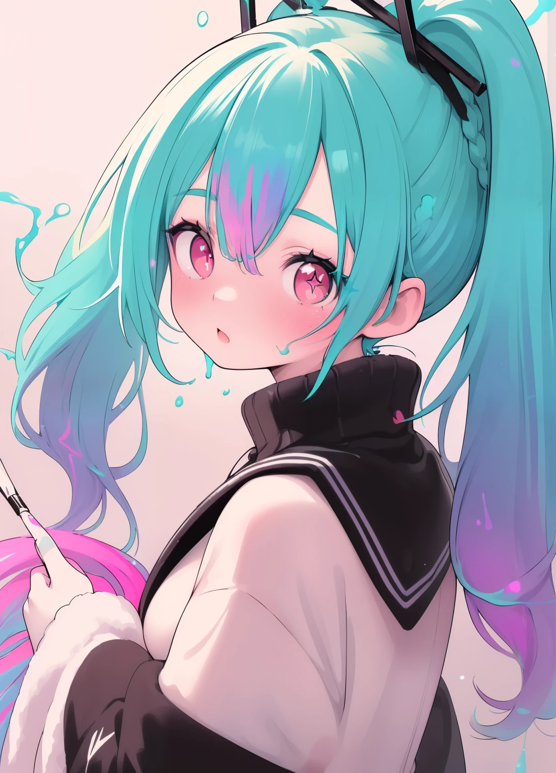 (masterpiece、Highest quality、Highest quality、Official Art、Beautiful and beautiful:1.2)、(One person:1.3)Hatsune Miku、Twin tails,Beautiful breasts, Katsushika Hokusai,Eyes that shine like jewels, Anime,(Sexy ass), Butt sticking out pose,((Upward glance:1.3, Perfect Eyes , The rainbow sparkles、Very detailed turquoise red eyes:1.1, Gradient Eye:1, Beautiful detailed eyes:1, Symmetrical eyes:1, Big Eye Highlights:1.2)), blush, (Open your mouth), anger,In a psychedelic room, (White skin: 1.5, Sunburned skin, White skin, very White skin, Bright body), Psychic Tranceのイラスト, Psychic Trance, psychedelic art style, Neon Color Theme, (((masterpiece))), (Complex), 8k, Highest quality, (Visual Strength: 1.5),
(((liquid paint hair:1.1))) ,(((Neon colored hair :1.5))), ((Painted、Defying Gravity,Thick flow),(Paint splashes:1.3), (Shiny Hair: 1.3), (Bright colors), Embarrassing,Centered,Scale to fit,Three-part method, A body nicely covered in paint on a multicolored background, Colorful Themes, Splash Paint Regeneration, Beautiful light, Colorful light particles,High contrast in clothing, Color Splash, Colored walls, Complex 詳細, High resolution, (Graffiti art)