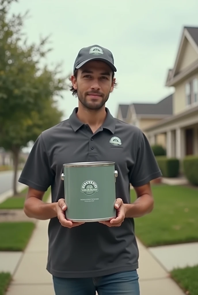 Delivery person carrying a gallon of house paint 


