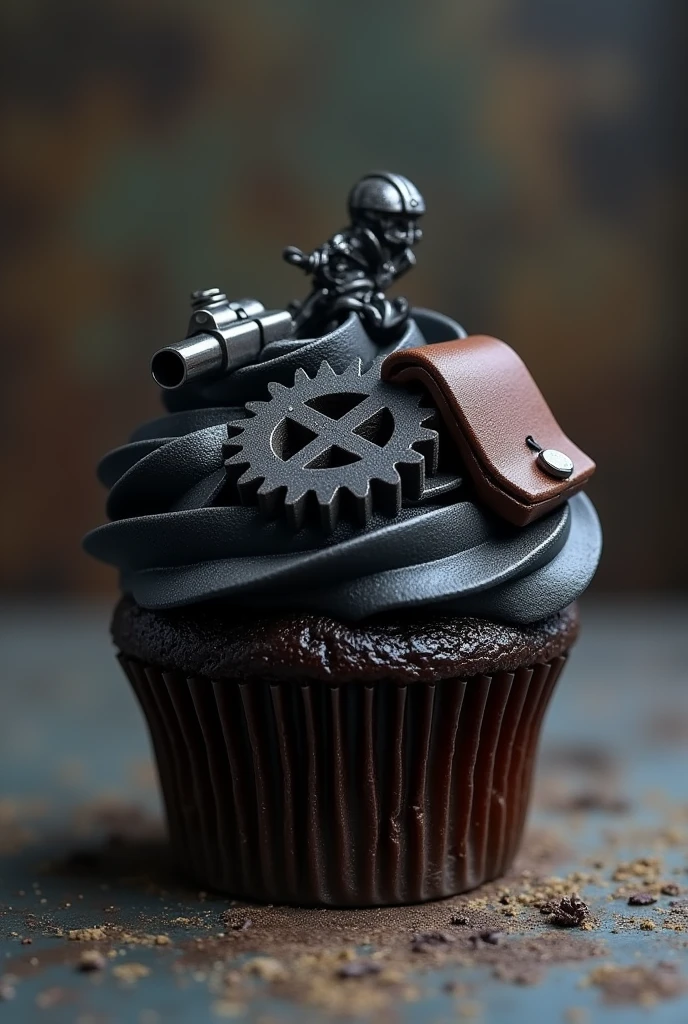 Black cupcake with motorcycle accessories