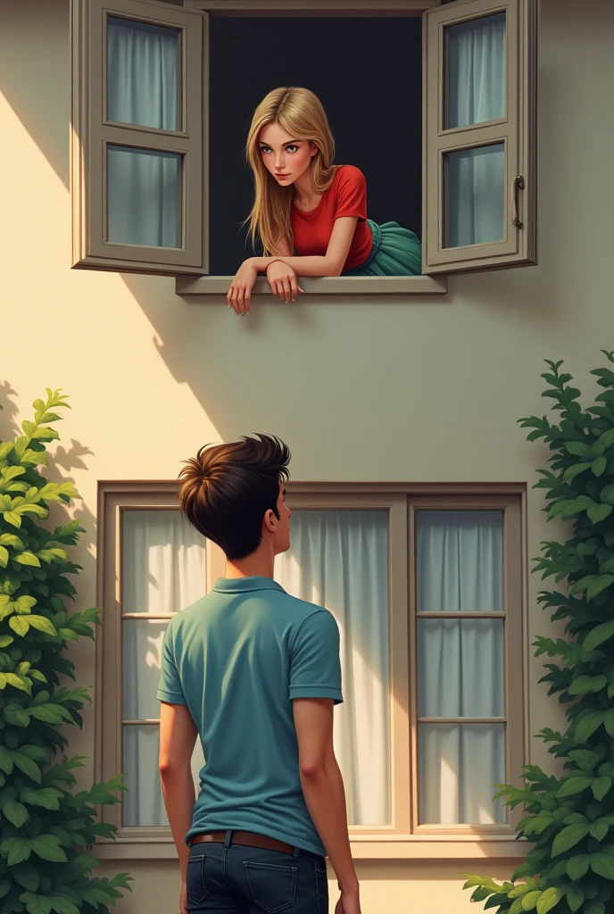 A handsome young boy of twenty age wearing a light blue polo tshirt and black jeans standing below a window outside a home. He is looking up at the window.  He has dark brown hair and brown eyes. The window is high up on the second story. The window is open and a twenty years old fair complexion girl with blond straight hair and hazel eyes is looking out of the window. She is wearing a red tshirt and green fluffy skirt. 