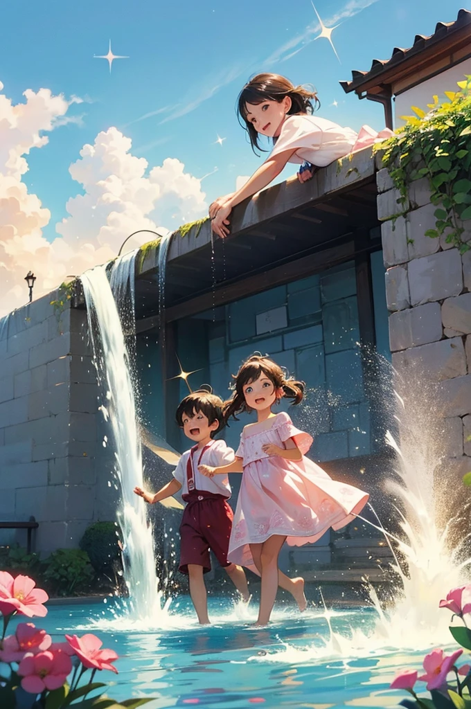 anime style, super fine illustration, highly detailed, dynamic angle, beautiful detailed, 8k, Three children in a kimonon, about , playing in a fountain with their clothes on, on a summer afternoon; the three childre in a kimonon, about 5 years oldng and the water splashes are sparkling (sparkle: 1.5). BREAK The bright sunlight reflects off the fountain, creating a lively atmosphere.