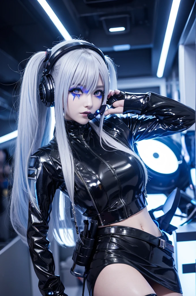 A Japanese anime-style image set in a futuristic, cyber-goth environment, In the center stands a girl with a Vtuber-inspired appearance, featuring a headset with a futuristic mic attached to her cheek. Her long, flowing silver hair has striking sky blue and cobalt blue streaks, She wears a cyber-gothic outfit,cyberpunk, cyber goth, large eyes, wearing a mini skirt, cyber-gothic outfit, combining sleek black leather with futuristic metallic accents, glossy and shiny, vibrant expression, honeycore, delicate markings, simple white background
