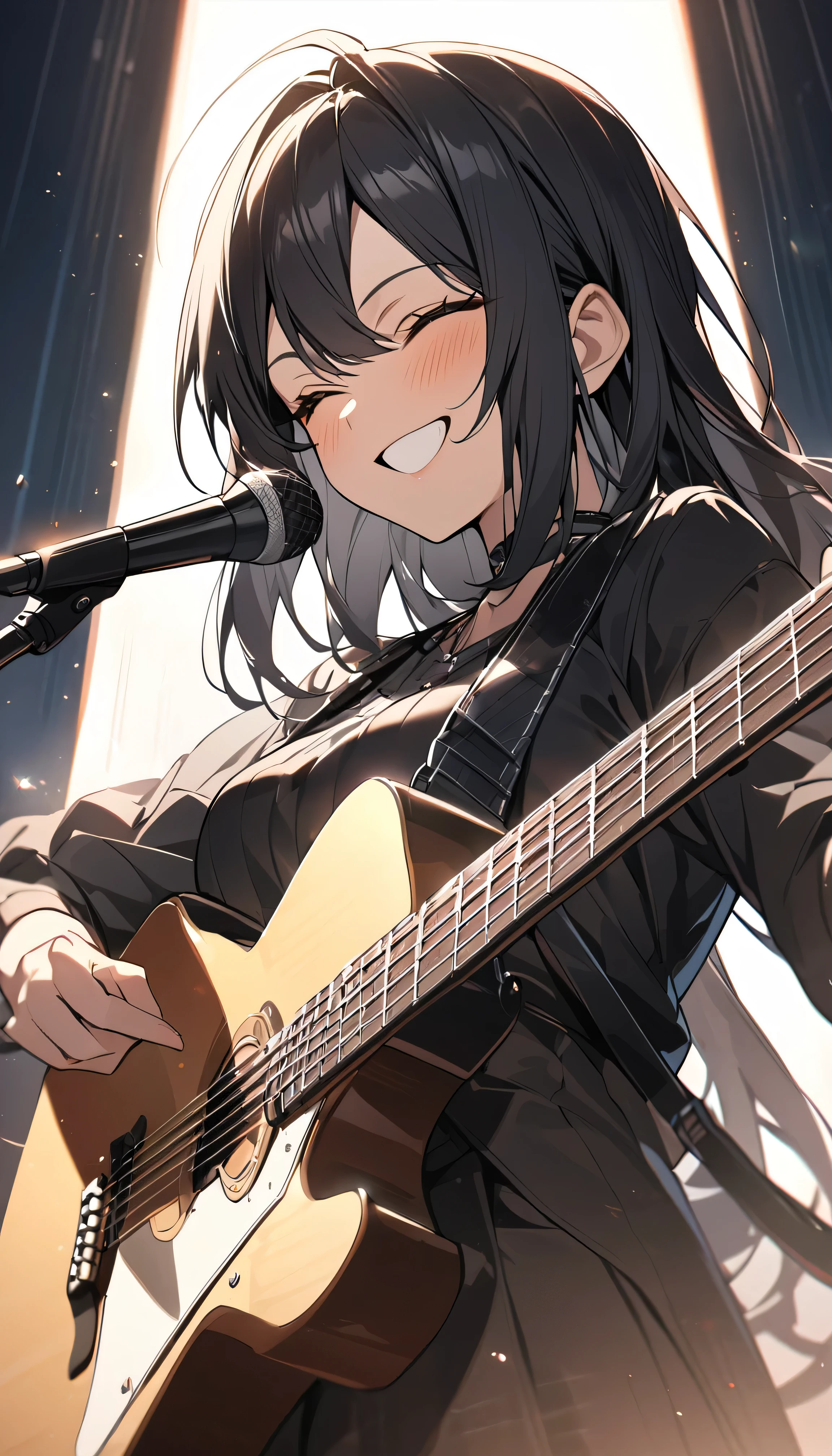 Highest quality,One Woman,Playing guitar,Light section,Detailed guitar,Black hair in a half-up style,Singing with a smile
