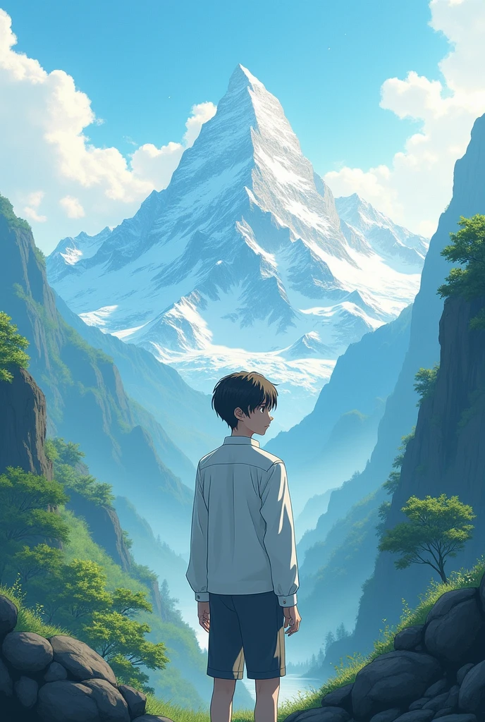 A anime boy which standing in center of mountain in fully peace wearing white shirt and seeing the mountain.