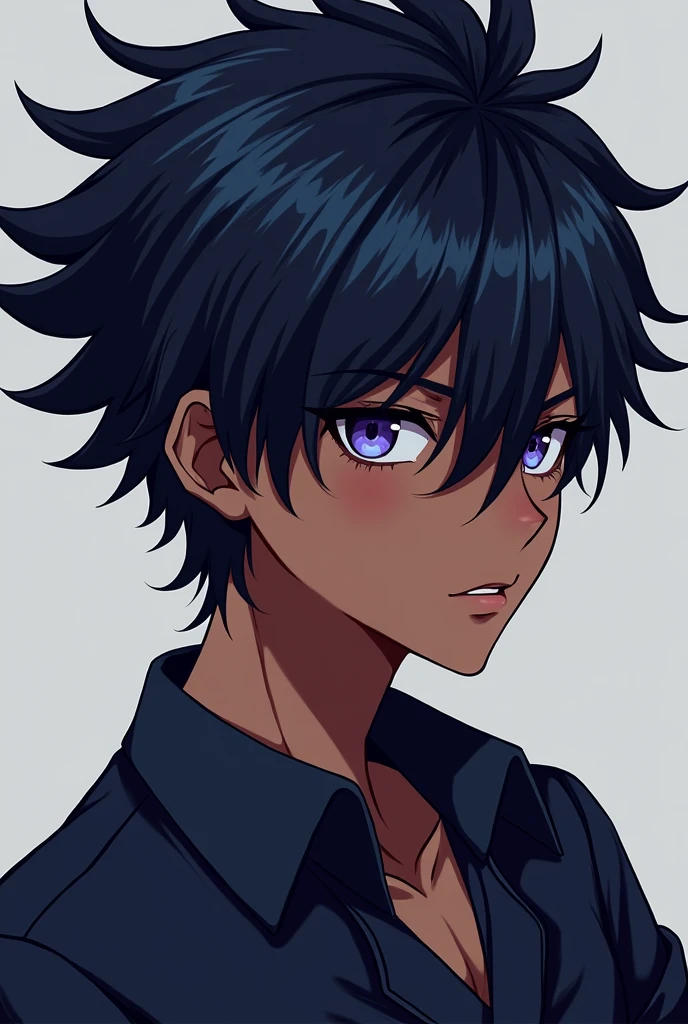 Chika is a striking figure with a commanding presence, effortlessly blending sharp facial features with a distinct and culturally rich attire. His short, spiky hair is a brilliant mix of midnight black and Indigo, and the inner side of his hair is dyed midnight blue, giving him a unique contrast to his siblings. His hair, though slightly messy, is styled with precision, giving him an air of deliberate, charismatic nonchalance.
His skin is a deep, rich brown, creating a powerful and captivating contrast with his hair. This contrast is further enhanced by his intense eyes, which are deep-set and brimming with a quiet intensity. The eyes are a focal point of his face, drawing in anyone who meets his gaze. The irises are a pale, ethereal lavender, almost glowing. The eyes are framed by long, delicate eyelashes that further enhance their intensity. His expression is typically calm and composed, but there is always a slight smirk playing on his lips, hinting at an underlying confidence and perhaps a touch of cunning.