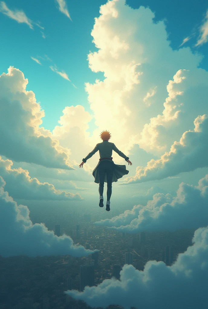 Make Ichigo Kurosaki who is above the city floating in a lying position very far from the city with beautiful scenery such as blue sky, bright, beautiful light