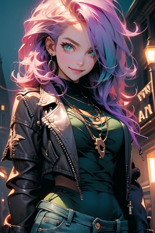 Perfect face. Perfect hands. A light purple haired woman with green eyes and an hourglass figure in a leather jacket and jeans is smiling while exploring a haunted house.