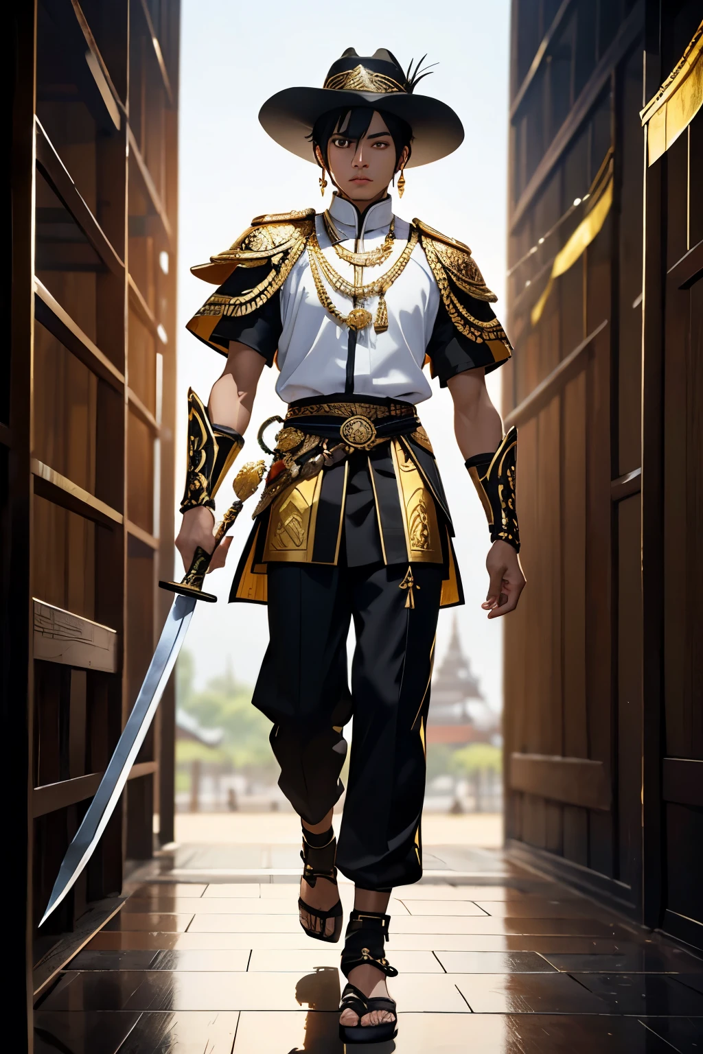 His Majesty is black, Male characters,black hair,Black eyebrows,Wearing Thai armor in black, yellow and white and holding a Thai sword.,Wear Thai warrior pants,shoe,short hair,Wear a Thai hat,high,Thai Ayutthaya style,