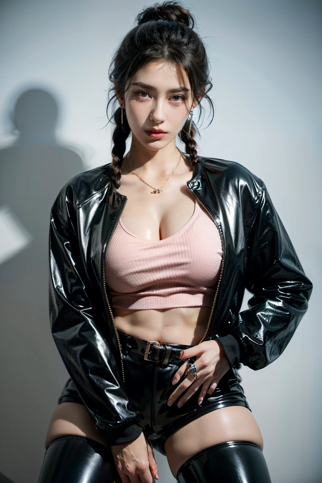 (RAW shooting, Photoreal:1.5, 8k, highest quality, masterpiece, ultra high resolution), perfect dynamic composition:1.2, Highly detailed skin and facial textures:1.2,beautiful and aesthetic:1.2,full body, Fair skin, (large :1.4, Chest gap:1.4),(perfect limbs:1.2),(1girl,tall,caucasian,sexy,gour,long brunette hair, black hair pulled back, braids, sidecut, earrings,necklace,(pink top),(black jacket:1.2),navel piercing, fingerless gloves, belt, (latex black shorts:1.2),sneakers),