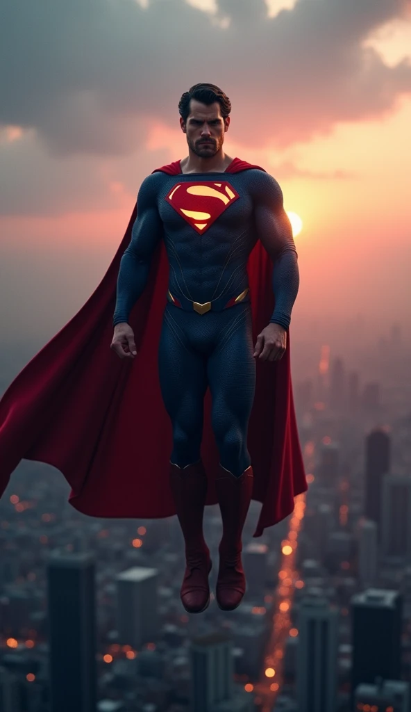 Superman hovers above the city at dusk, his iconic blue and red suit glowing softly in the fading light. His cape billows gracefully, and his face, usually stern, now reflects a rare moment of contemplation and resolve. As he gazes over the metropolis, the weight of his responsibilities is evident in his solemn eyes, blending a sense of unwavering strength with a deep, quiet empathy for the world he protects.