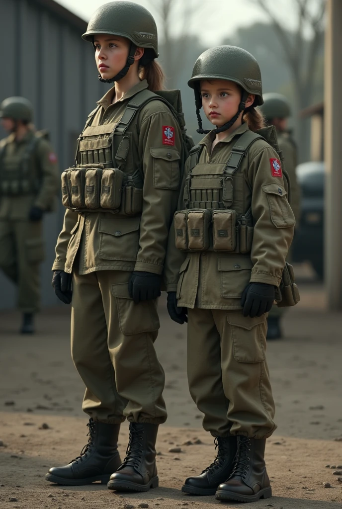 Child in Marine uniform with military helmet on shoulder paramedic Sarah defends in defensive position in realistic full body style