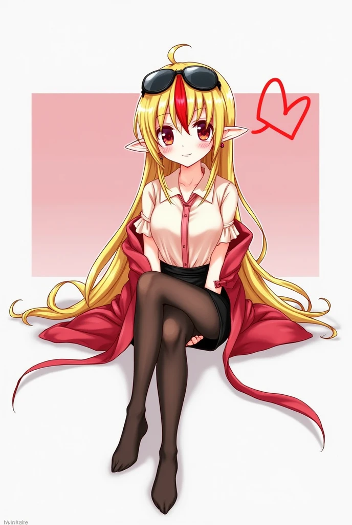 best quality, masterpiece, high resolution, alone, {flandre_scarlet_touhou:1.15}, long blonde hair with red streaks at the tips, big red eyes, small elf ear and a ruby colored earring in her left ear, bangs with a red streak in the middle, sunglasses on her head, one side up, flirtatious smile, blush, smile, white headdress, a light white short-sleeved blouse on the upper part of the body, hair between the eyes, a red coat overlaid between her wrists, bottom a very sexy black skirt, thick thighs, pronounced hips, the girl is slim, blushing cheeks, long straight hair, white skinned girl, 1 girl, looking at the viewer smiling flirtatiously, sexy black skirt, light blouse, short sleeves, simple background, the girl is sitting crossing her left leg flirtatiously, she has black nylon stockings that are a little transparent that reach her knee, white background, white shirt, ruffles, long hair, cleavageless shirt, super tiny tits girl, un globo de texto con un corazón rojo. the girl has not hat.