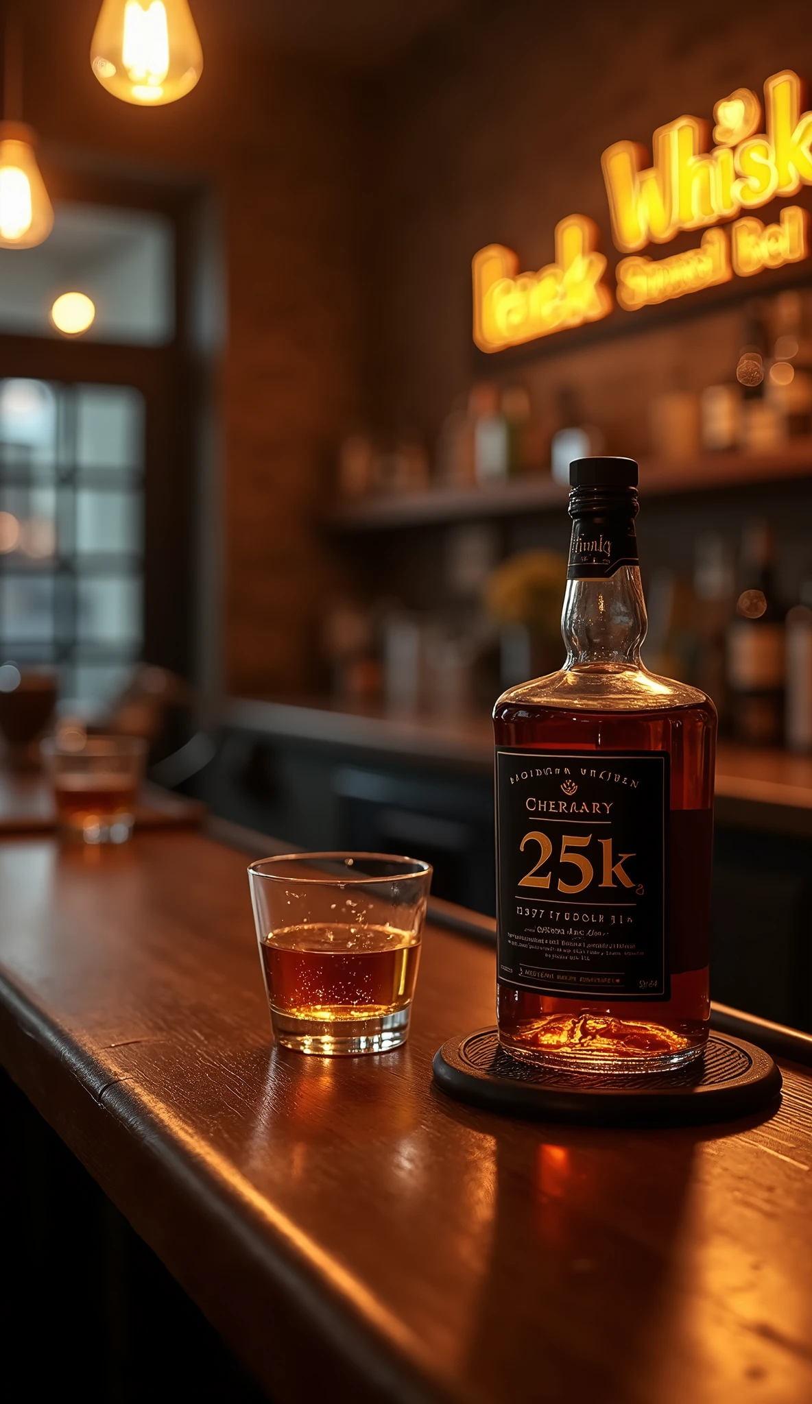 A dimly lit bar scene: a worn wooden counter stretches across the room, polished to a warm sheen by countless conversations and clinking glasses. The open bottle of American whiskey sits proudly on a coaster, its black label bearing the bold text "25K", Two glasses, chilled with ice, flank the bottle, awaiting their turn to hold a golden pour. The air is thick with the promise of good times and late nights.at the top of the picture is 3D golden text that says " Cheers mates Thank you!"
