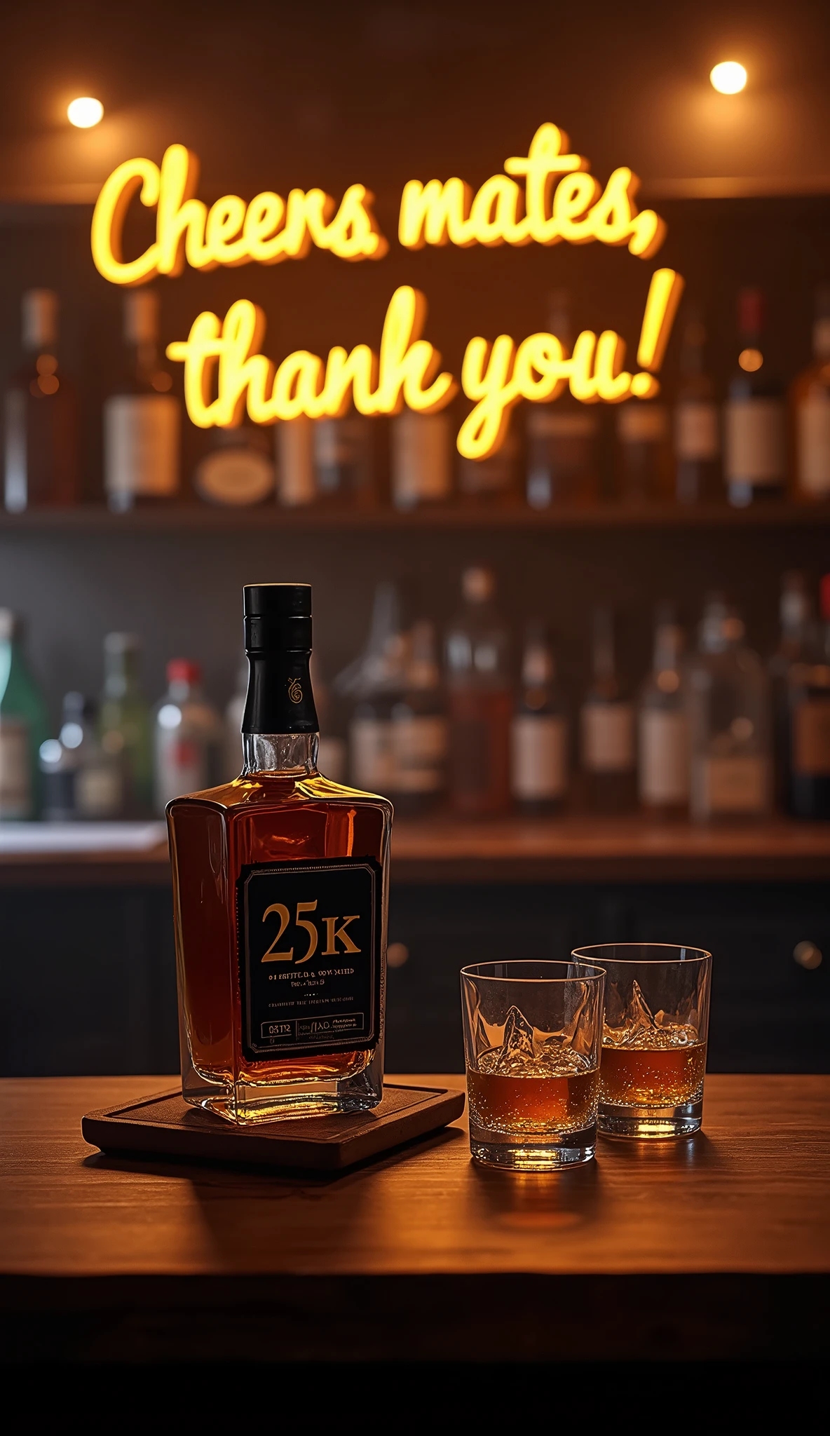 A dimly lit bar scene: a worn wooden counter stretches across the room, polished to a warm sheen by countless conversations and clinking glasses. The open bottle of American whiskey sits proudly on a coaster, its black label bearing the bold text "25K", Two glasses, chilled with ice, flank the bottle, awaiting their turn to hold a golden pour. The air is thick with the promise of good times and late nights.at the top of the picture is 3D golden text that says " Cheers mates Thank you!"