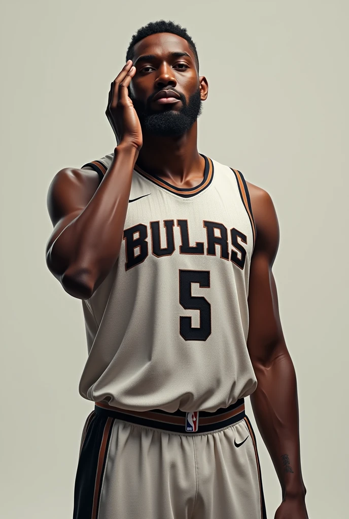 Basketball player with number 5 holding his head with his right hand looking straight with full body