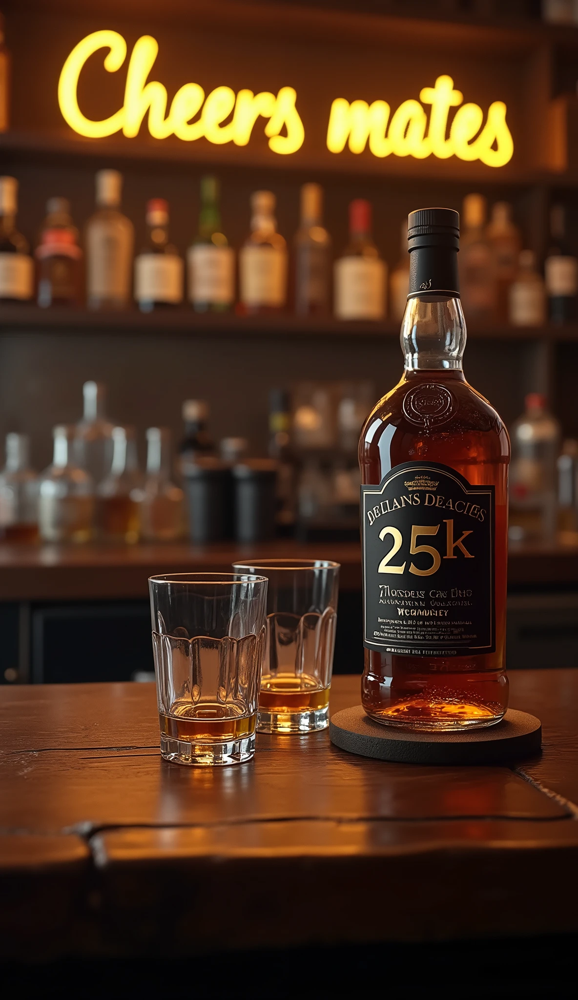 A dimly lit bar scene: a worn wooden counter stretches across the room, polished to a warm sheen by countless conversations and clinking glasses. The open bottle of American whiskey sits proudly on a coaster, its black label bearing the bold text "25K", Two glasses, chilled with ice, flank the bottle, awaiting their turn to hold a golden pour. The air is thick with the promise of good times and late nights.at the top of the picture is 3D golden text that says " Cheers mates Thank you!"