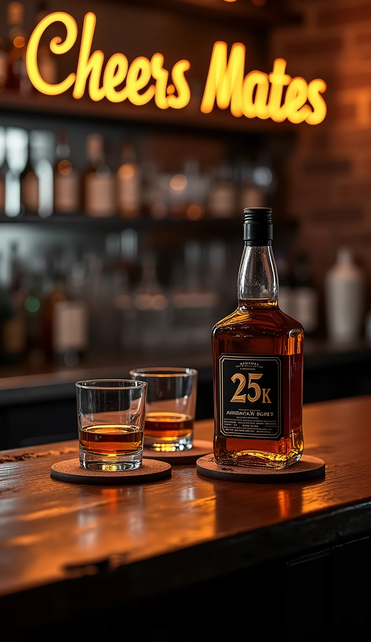 A dimly lit bar scene: a worn wooden counter stretches across the room, polished to a warm sheen by countless conversations and clinking glasses. The open bottle of American whiskey sits proudly on a coaster, its black label bearing the bold text "25K", Two glasses, chilled with ice, flank the bottle, awaiting their turn to hold a golden pour. The air is thick with the promise of good times and late nights.at the top of the picture is 3D golden text that says " Cheers mates Thank you!"