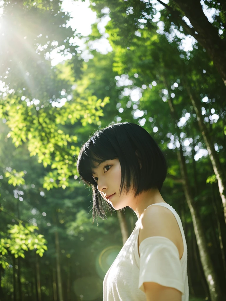 A black-haired Japanese woman walking under the sunlight filtering through the trees