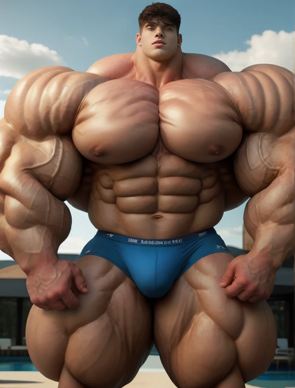 1boy, giant, asian, solo, giant bodybuilder, golden hour, strong body, bulk, large size, standing at suburban, outdoor, nude, blue triangular underwear with enormous bulge, extraordinary big, brutalmass, giant muscular body, bulk, buff, massive body, large meaty body size, extremely wide body,  tallest body