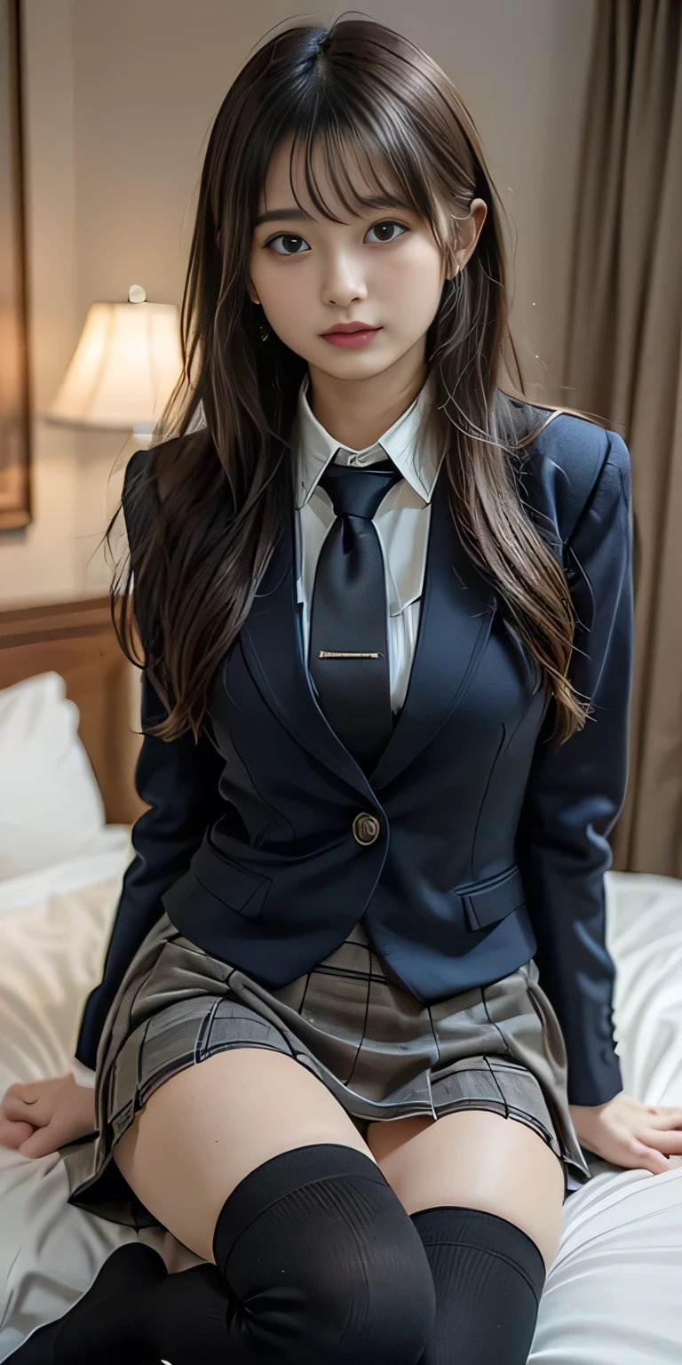 ((masterpiece:1.4))、((flying debris:1.4))、((A woman with long, light brown hair:1.4))、((Wear a grey checkered pleated skirt:1.4))、((黒色のタイトなWearing a suitいる:1.4))、((Stand in the hotel bedroom))、very Sexy Costumes, 厳格なWearing a suitいる、Stylish and gorgeous cosplay, Sexy Costumes, ファッションWearing a suitいる, Wearing a suit, Dress appropriately、((黒色のWearing a suitいる:1.4))、Sexy look, suit、((黒いWearing a suitいる:1.4))、黒いWearing a suitいる、((Confused expression:1.4))、((Black knee-high socks:1.4))、