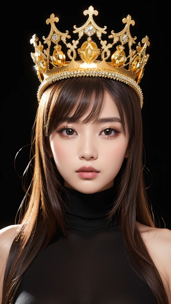 A goddess wearing a gorgeous gold turtleneck。Wearing a crown。front。Black background。