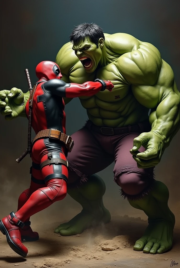 Create a meticulously detailed and dramatic battle scene featuring Hulk and Deadpool, rendered in the style of Caravaggio. Emphasize Caravaggio's signature chiaroscuro technique to highlight the stark contrasts between light and shadow, capturing the raw intensity, violence, and emotional depth of the confrontation.
Composition and Layout:
Foreground:
Hulk:
Pose: Position Hulk in a dynamic and aggressive stance, showcasing his immense physical power. He should be in mid-action, perhaps mid-swing or mid-roar, with his massive fists clenched and his body coiled in a way that accentuates his strength. His posture should convey both aggression and imminent force.
Musculature and Detail: Focus on the detailed depiction of Hulk’s muscular physique. His body should be highly defined, with veins bulging and muscles straining under the skin. The lighting should highlight the contours of his muscles, emphasizing their size and strength.
Facial Expression: Capture a close-up of Hulk's face, filled with rage. His eyes should be wide, with a fierce, intense glare, and his mouth should be open, showing his teeth in a snarl or roar. His face should be partially illuminated, with deep shadows accentuating his expressions of anger.
Lighting: Use strong, directional lighting to cast dramatic highlights on Hulk’s upper body while leaving his lower body and background shrouded in deep shadows. This light source should come from above or the side, creating high contrast and enhancing the three-dimensionality of his form.
Deadpool:
Pose: Place Deadpool in a defensive or evasive position, perhaps leaping or twisting mid-air to dodge an attack. His posture should display agility and acrobatic skill, with his limbs extended and body angled dynamically to convey movement.
Costume Detail: Render Deadpool’s costume with meticulous attention to detail, highlighting the texture of the red and black fa