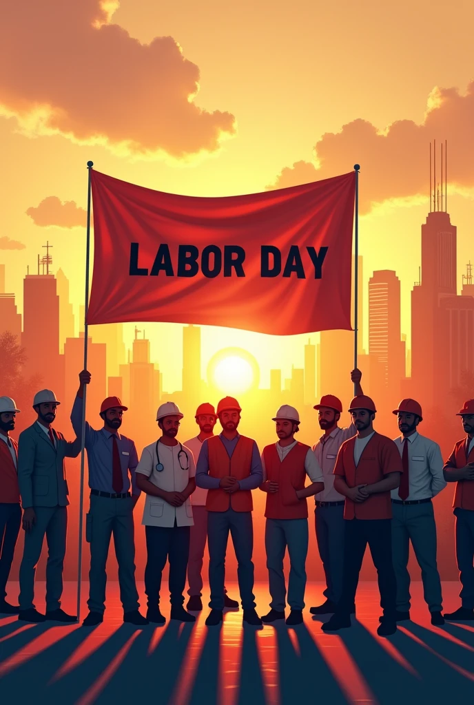 A diverse group of workers in different professions—construction workers, doctors, factory employees, and teachers—standing together holding a banner that reads 'Labor Day,' with an urban skyline in the background at sunrise."